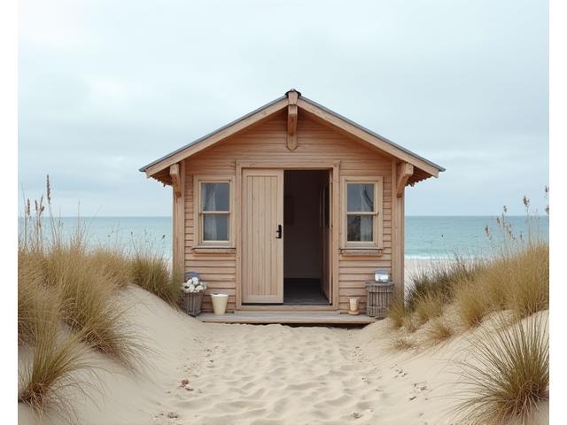 Hyggelig træhytte lige ved stranden