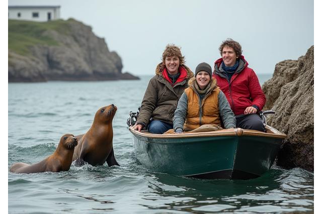 En gruppe mennesker i en båd ser på sæler i Ebeltoft Vig